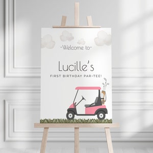 Znak powitalny dla dziewczynki w golfa, edytowalny szablon, znak urodzinowy wózka golfowego, dołek w jednym, baner powitalny, wpadnij, mały golfista, LP54-005b