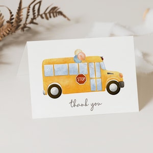 Tarjeta de agradecimiento de autobús amarillo, Plantilla editable, Imprimible de cumpleaños de autobús escolar, Agradecimiento de las ruedas del autobús, LP62-001c