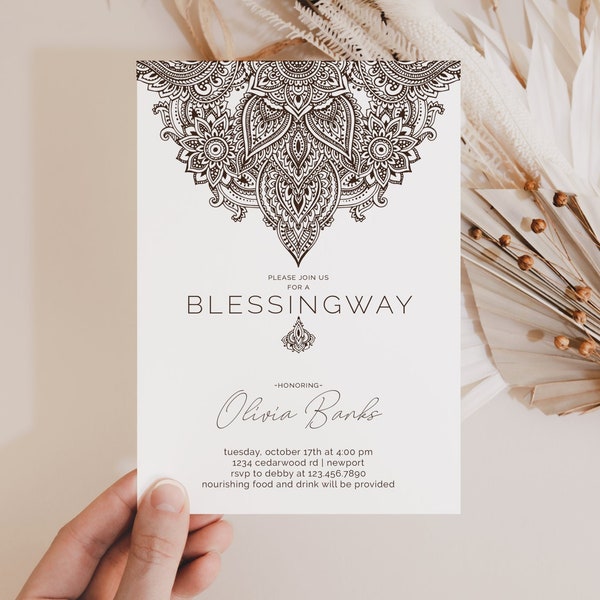 Blessingway Invitation, Editable Template, Henna Mother's Blessing, Blessing Way Invite, Boho Baby Shower, Vintage Chic LP24-001
