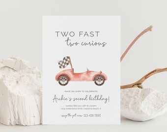 Two Fast Two Curious Birthday Invitation, Editable Template, Turning 2, Vintage Race Car Party, Little Racer, Start Your Engines, LP21-007
