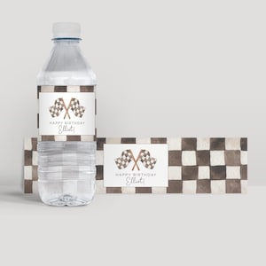 Racing waterfleslabels, bewerkbare sjabloon, twee snelle feestwraps, raceauto verjaardag afdrukbaar, vintage vlagwrappers, LP21-023f