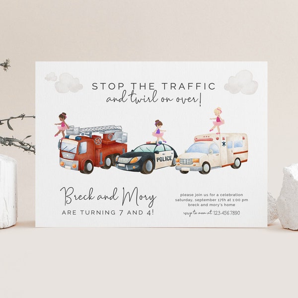 Trucks and TuTus Joint Birthday Invitation, Editable Template, Emergency Vehicles, Police, Ambulance, Fire Truck, Sibling, LP63-004