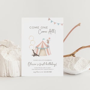 Circus Birthday Invitation, Editable Template, Come One Come All, Greatest Show on Earth, Girl First Birthday, LP61-002