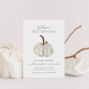 Our Little Pumpkin Birthday Invitation, Editable Template, Autumn Pumpkin, First Fall Party, Turning One, Simple White Pumpkin LP02-001