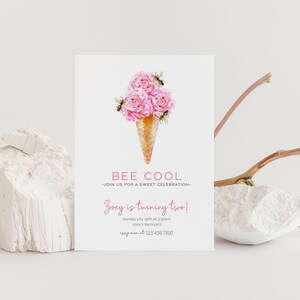 Bee Cool Birthday Invitation, Editable Template, Sweet as can Bee, Pink Roses, Ice Cream Cone, Popsicle Party, Sweet Celebration LP27-005