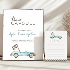 Tijdcapsule racen, tijdcapsulekaarten, bewerkbare sjabloon, vintage racewagenfeest, Fast One Party-extra's, verjaardagsbord, LP21-013k