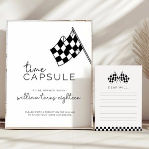 Racing Time Capsule Schild, Time Capsule Karten, Bearbeitbare Vorlage, Karierte Rennwagenparty, Fast One Party Extras, Geburtstagsschild, LP21-001c