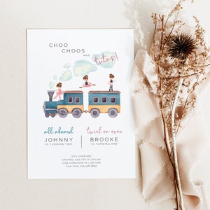 May include: A watercolor illustration of a train with three ballerinas on top. The train is blue and yellow with white smoke coming from the chimney. The text on the invitation reads "Choo Choos and Tutus!"  "All aboard Johnny is turning two" and "Twirl on over Brooke is turning one".