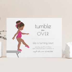 Gymnastics Birthday Invitation, Editable Template, Tumble and Play Invite, Gymnast Celebration, Pink, Simple, Gym Birthday Party, LP50-003