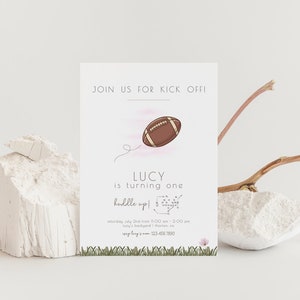 GIRL Football Birthday Invitation, Editable Template, Join us for Kick Off, PINK, First Down, Football Theme Birthday Party, Sports LP58-002