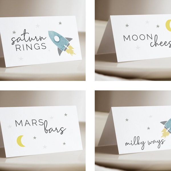 Two the Moon Food Tent Labels, Editable Template, Blue Rocket Ship, Printable, Moon Cheese, Saturn Rings, Mars Bars, Milky Ways, LP32-004e