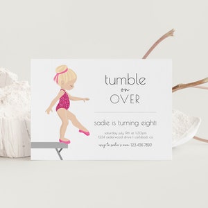 Gymnastik-Geburtstags-Einladung, bearbeitbare Vorlage, Tumble and Play Invite, blonde Turnerin-Feier, einfach, Gym-Geburtstagsparty, LP50-005