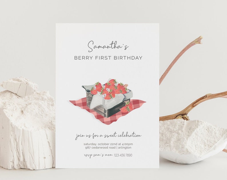 Berry First Birthday Invitation, Editable Template, Fall Harvest Invite, Modern Strawberry Party, Berry Sweet Celebration, LP55-001