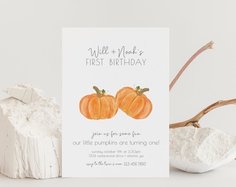 May include: A first birthday invitation with a watercolor illustration of two pumpkins. The invitation reads "Will + Noah's First Birthday" and includes the text "Join us for some fun our little pumpkins are turning one!" with details for the event.