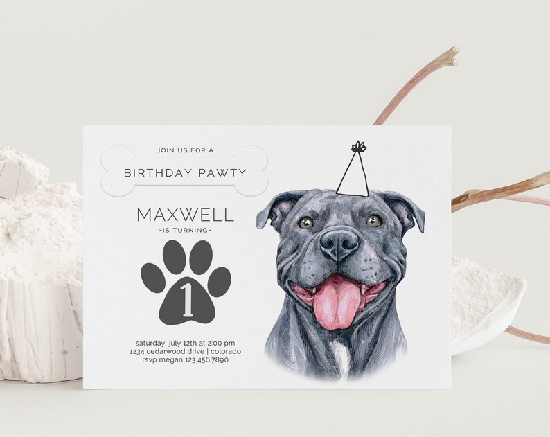 American Pitbull Birthday Invitation Editable Template Staffordshire Bull Terrier Blue nose Dog Party Animal Puppy Party