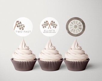 Two Fast Racing Cupcake Toppers, Editable Template, Checkered Flag Party Labels, Race car Birthday Printable, Vintage Flag LP21-023h