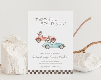 Two Fast Four You Birthday Invitation, Editable Template, Vintage Race Car Party, Race on Over, 2 Fast 4 You, Too Fast for you, LP21-034