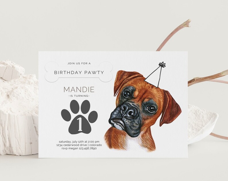Boxer Dog Birthday Invitation Fawn Boxer Celebration Editable Template Come Sit Stay Party Animal LP05019