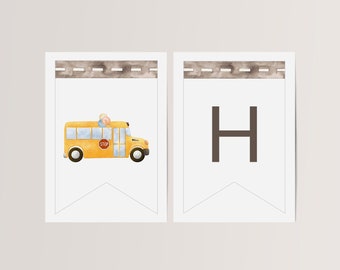 Bannière anniversaire bus jaune, modèle modifiable, guirlande de joyeux anniversaire, bus scolaire jaune, les roues du bus, accessoires de fête, LP62-001b