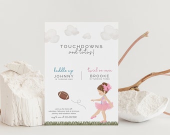 May include: A white invitation card with a blue and pink design. The text on the card reads "Touchdowns and tutus!" with a football and a ballerina illustration. The card is for a birthday party for Johnny and Brooke.