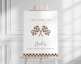 Checkered Flag Welcome Sign, Editable Template, First Lap Racing Birthday Sign, Fast One, Welcome Banner, vintage race car flag LP21-023c