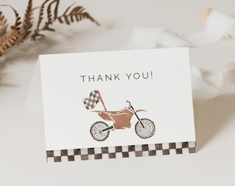 Dirt Bike Thank You Card, Editable Template, Vintage Racing Birthday Printable, Checkered Flag Motocross Thank You Cards, LP21-014h