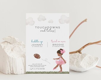 Touchdowns and TuTus Joint Birthday Invitation, Editable Template, Football Birthday, Ballerina Party, Twin, Black Hair, Siblings, LP58-010