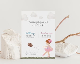 May include: A white invitation card with a blue and green border. The card has a watercolor background with clouds. The text on the card reads "Touchdowns and tutus!" and "Huddle up Johnny is turning one" and "Twirl on over Brooke is turning three".