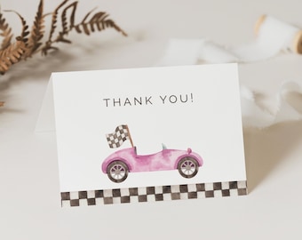 Racing Thank You Card, Editable Template, Vintage Race Car Birthday Printable, Pink Sports Car, Checkered Flag Thank Yous, LP21-017a