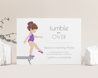 Gymnastics Birthday Invitation, Editable Template, Tumble and Play Invite, Gymnast Celebration, Simple, Gym Birthday Party, Purple, LP50-004
