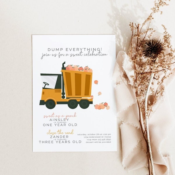 Dump Truck and Peaches Joint Birthday Invitation, Editable Template, Construction Theme, Sweet as a Peach, Sibling Party, LP47-001