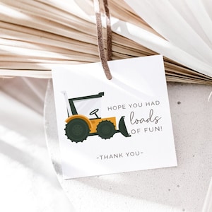 Construction Merci Tags, Modèle modifiable, Tracteur Merci Favor Labels, Excavator Birthday Printable, Dump truck theme LP47-002a
