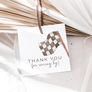 Racing Thank You Tags, bearbeitbare Vorlage, Zielflagge-Dankeschön-Etiketten, Rennauto-Geburtstag druckbar, Vintage-Flagge LP21-007h
