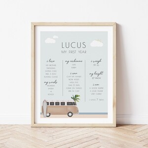 Poster della pietra miliare del surf, Segno del primo anno, Modello modificabile, The Big One, Van anni '70, Tavola da surf, Surf's Up, LP51-002a
