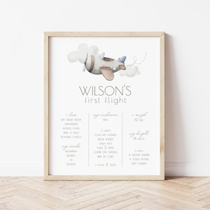 May include: A framed print with a watercolor illustration of a biplane and clouds. The print is titled "Wilson's First Flight" and includes personalized details about the child's likes, nicknames, weight (19 lbs), and height (15 inches).