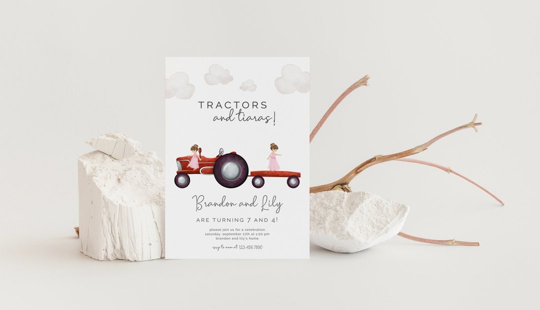 Tractors and Tiaras Joint Birthday Invitation, Editable Template