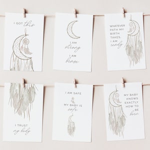 Tarjetas de afirmación de nacimiento, plantilla editable, citas positivas de nacimiento, tarjetas de parto en agua en casa, regalo de baby shower Moon Macrame, LP24-002c