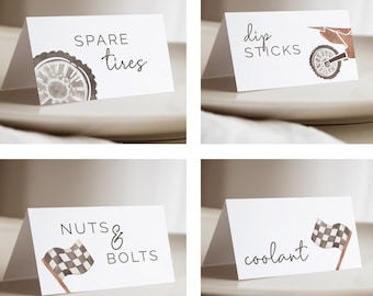 Dirt Bike Food Tent Labels, Editable Template, Vintage Racing Flags, Printable, Spare Tires, Coolant, Dipsticks, Nuts & Bolts, LP21-014d