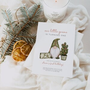 Gnome First Birthday Invitation, Editable Template, Christmas Invite, Winter Theme, First Birthday Gnome Party, Instant Download LP09-004