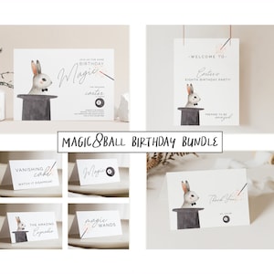 Magic 8 Ball Birthday Bundle Set, Editable Template, Magic 8th Party Package, Magic Show Suite, Bunny in Hat, LP18-006Q