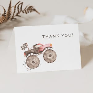 Tarjeta de agradecimiento de Monster Truck para niña, plantilla editable, tarjeta imprimible de cumpleaños de Pink Monster Bash, cumpleaños para niños, bandera a cuadros, agradecimiento, LP21-081c