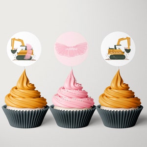 Lastwagen und Tutus Cupcake Toppers, bearbeitbare Vorlage, Baustellenpartyetiketten, gemeinsame Party-Extras, Prinzessin zum Ausdrucken, LP47-027c