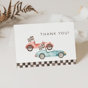 Racing Dankeskarte, Zwei Fast Vier Sie, bearbeitbare Vorlage, Vintage Rennwagen Geburtstag druckbar, gemeinsame Zielflagge Dankeschön, LP21-034a