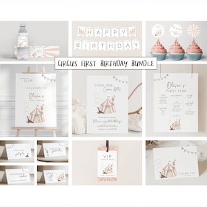 Puede incluir: Un conjunto imprimible de decoraciones para una fiesta de primer cumpleaños con temática de circo. El conjunto incluye un cartel de bienvenida, una invitación, una tarjeta de agradecimiento, un pase VIP, etiquetas para alimentos y una tabla de hitos del primer año. Las decoraciones presentan un esquema de color rosa y azul con un lindo elefante de dibujos animados y una carpa de circo.