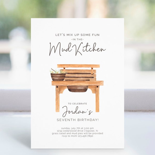 Mud Kitchen Birthday Invitation, Editable Template, Nature Baking, Mix up some fun, Mud Party, Cook up some Fun, Outdoor Kid Invite LP42-001