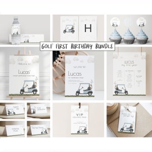 Zestaw Golf First Birthday Bundle Set, Edytowalny szablon, Hole in ONE Birthday Package, Wózek golfowy, Apartament dla golfistów, Każdy wiek, LP54-004Q