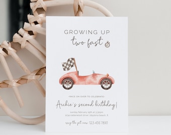 Growing Up Two Fast Birthday Invitation, Editable Template, Turning 2, Vintage Race Car Party, Little Racer, Start Your Engines, LP21-007a