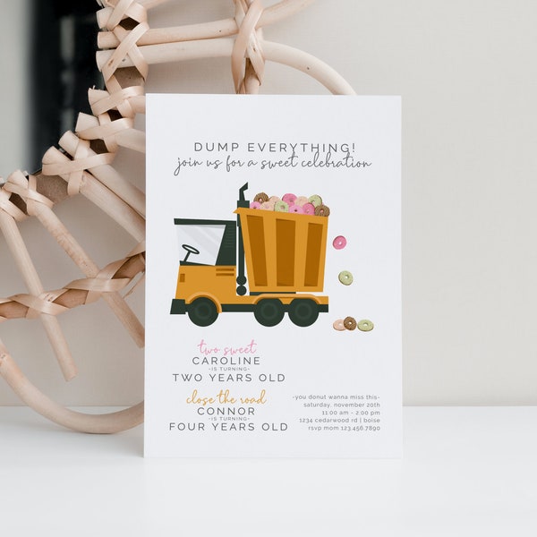 Dump Truck and Donuts Joint Birthday Invitation, Editable Template, Construction Theme, Donut Miss This Party, Sibling Celebration, LP47-003