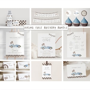 May include: A racing car themed first birthday party printable bundle. The bundle includes a welcome sign, invitation, milestone chart, cupcake toppers, water bottle labels, food labels, and a thank you card. The design features a blue race car with a chequered flag.
