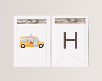 Bannière anniversaire fille bus jaune, modèle modifiable, guirlande de joyeux anniversaire, autobus scolaire, les roues du bus, accessoires de fête, LP62-004b